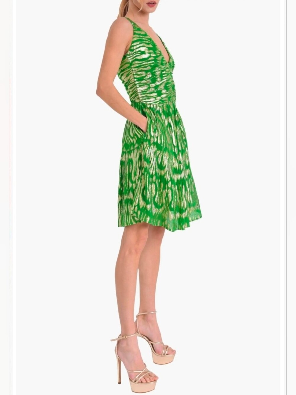 CIEBON Green Printed V-Neck Sleeveless Dress